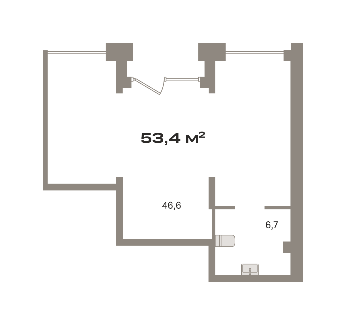 Планировка Коммерческое помещение №ДМУ03-Н5.1.1, 53.4 м²