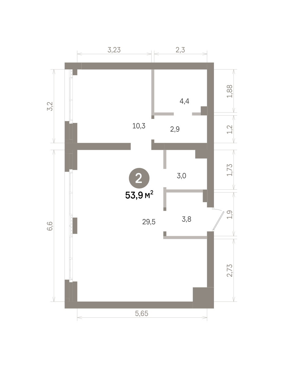 2 комн. Квартира 53.9 кв. м