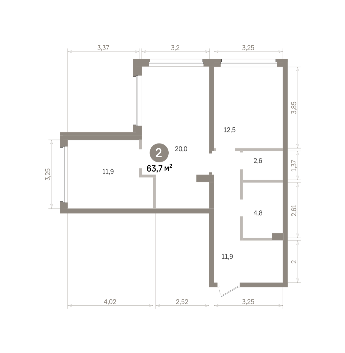 2 комн. Квартира 63.7 кв. м