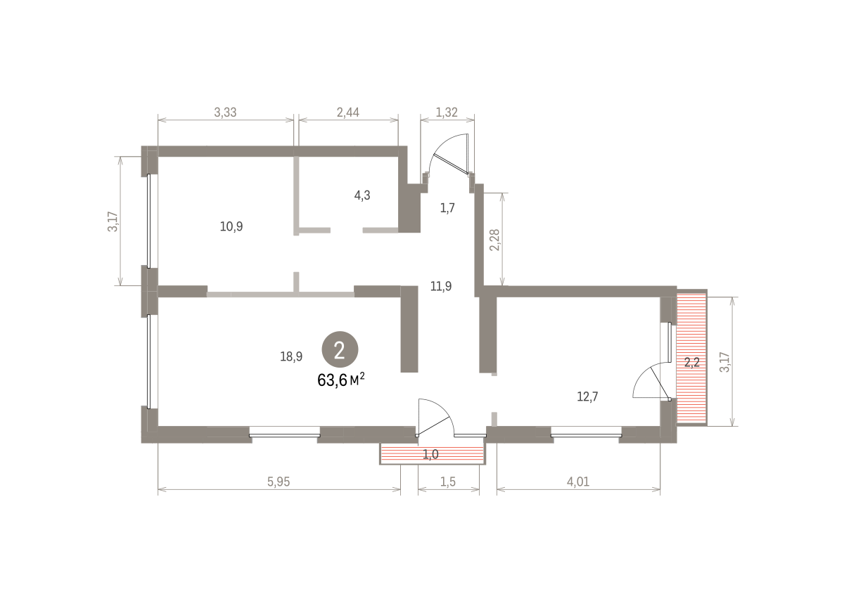 2 комн. Квартира 63.6 кв. м