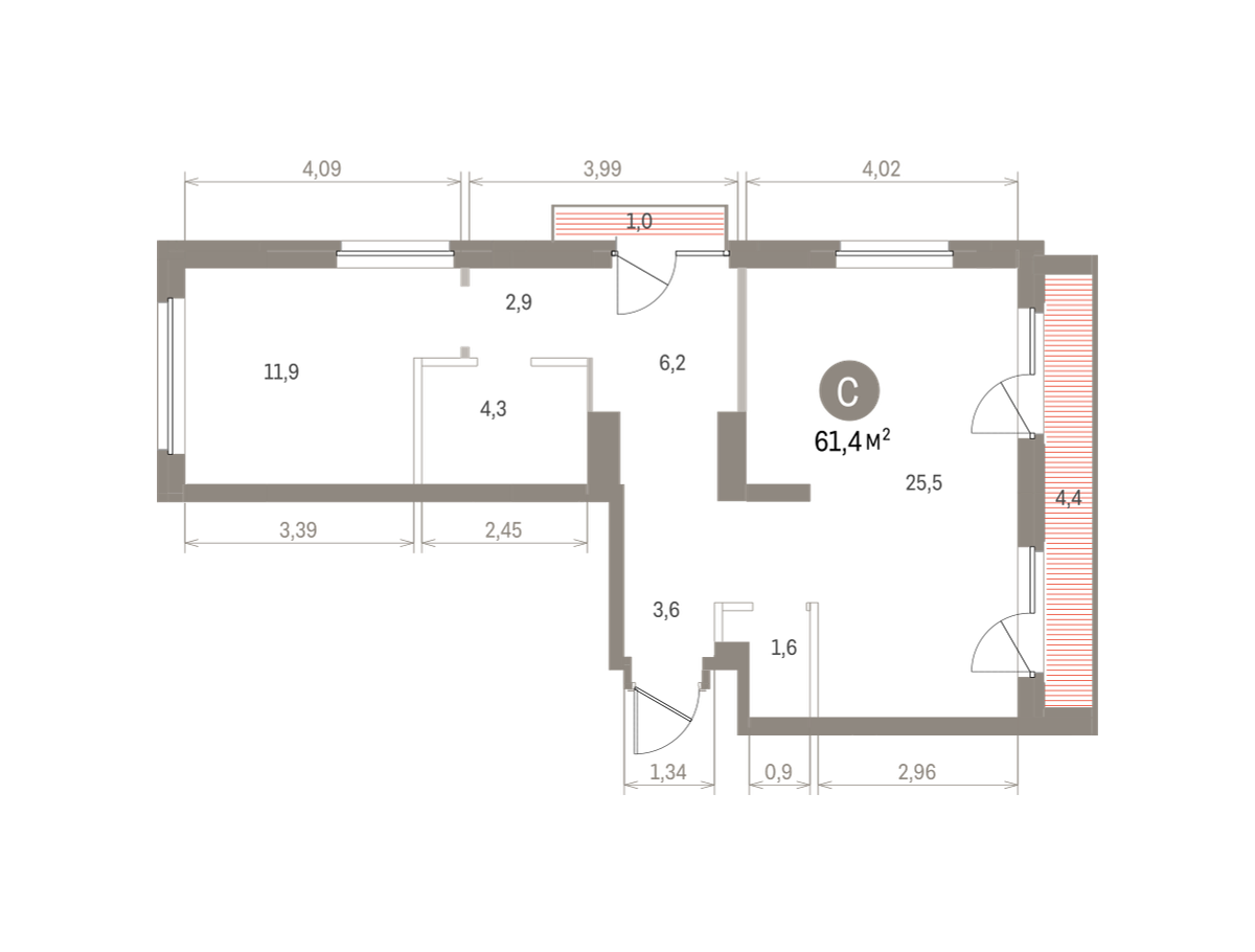 1 комн. Квартира 61.4 кв. м