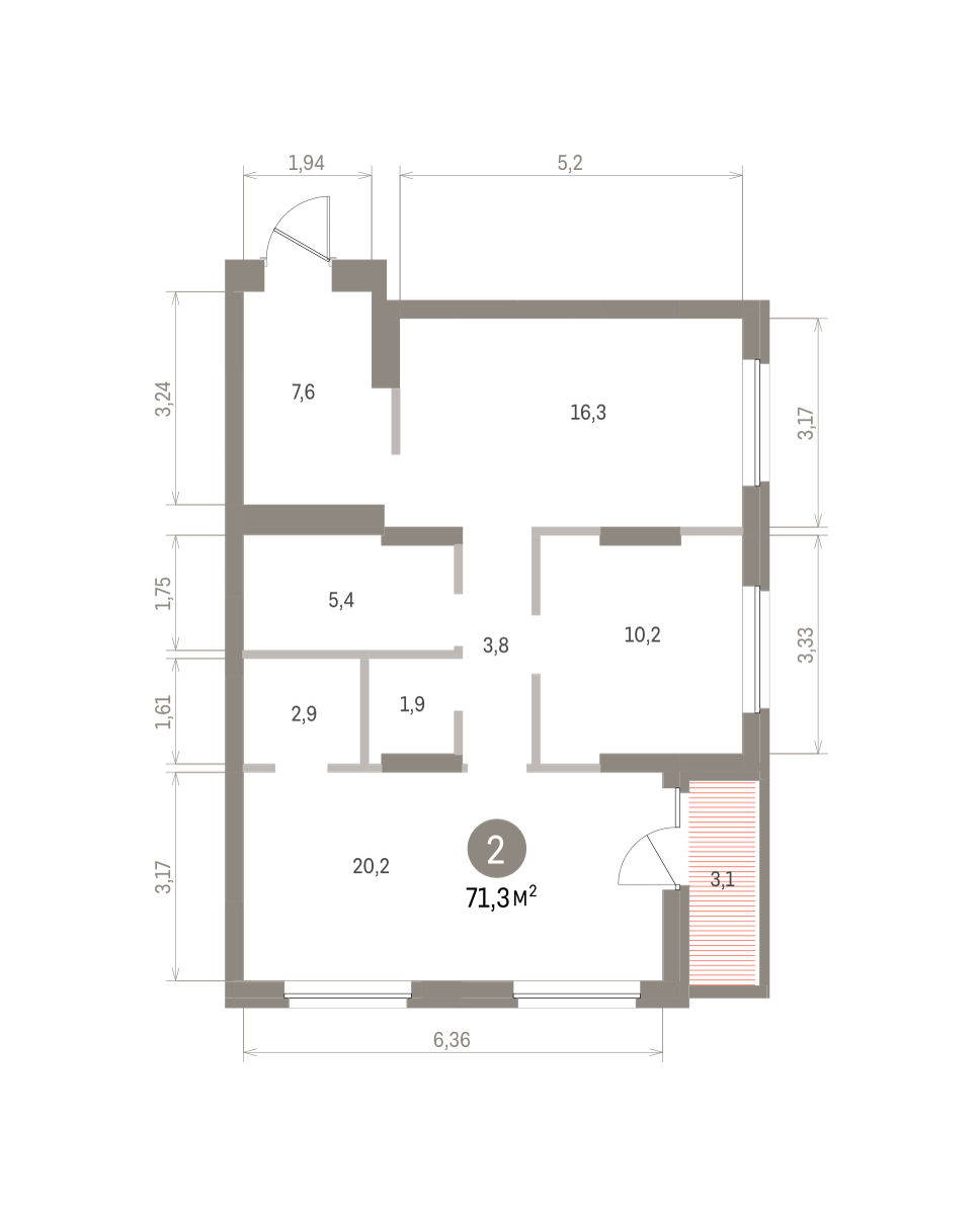 2 комн. Квартира 71.3 кв. м