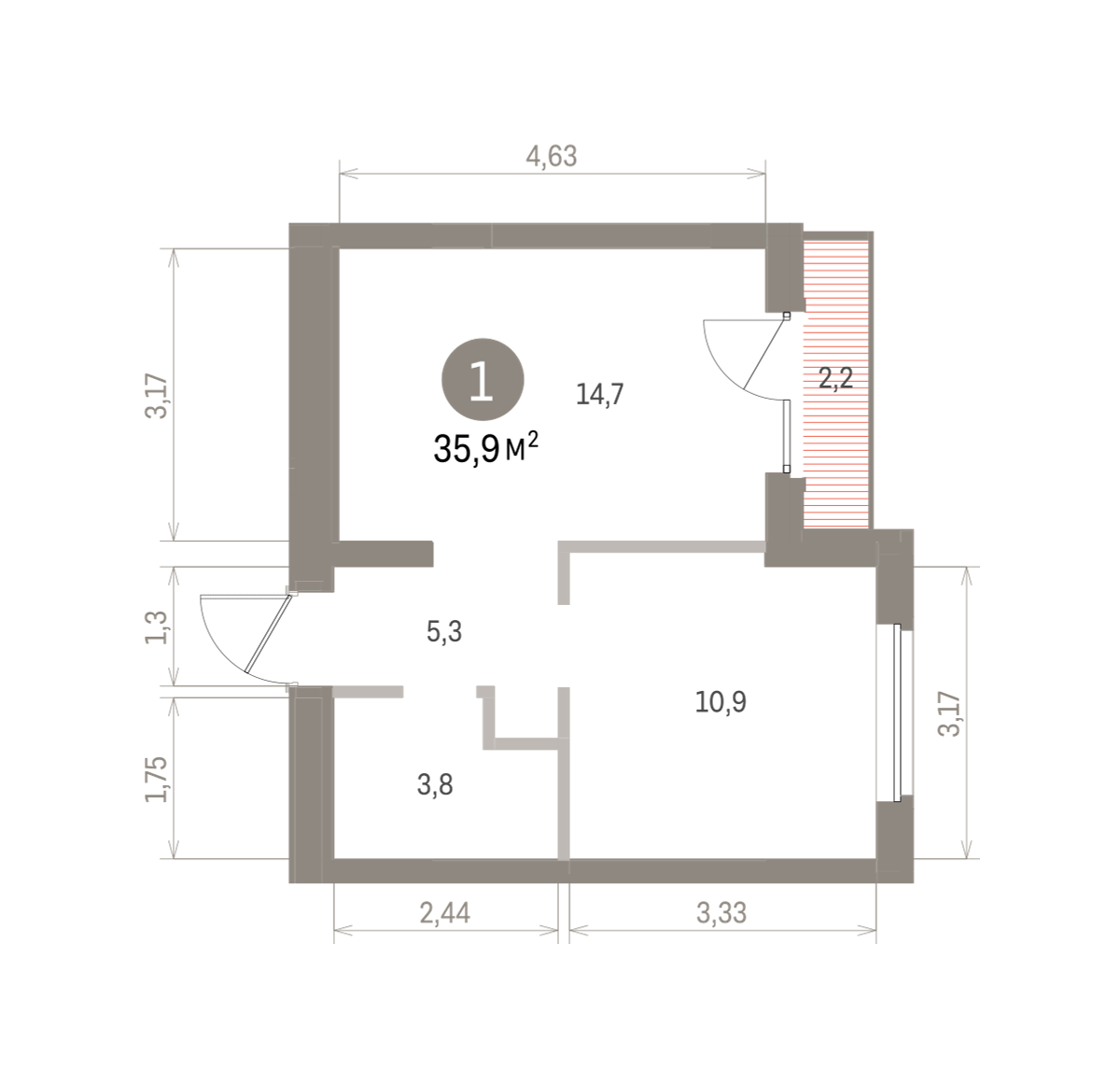 1 комн. Квартира 35.9 кв. м