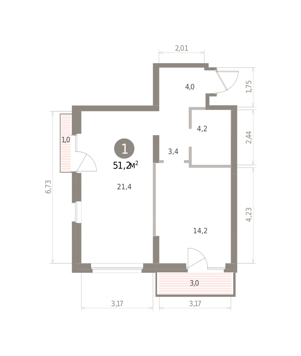 1 комн. Квартира 51.2 кв. м