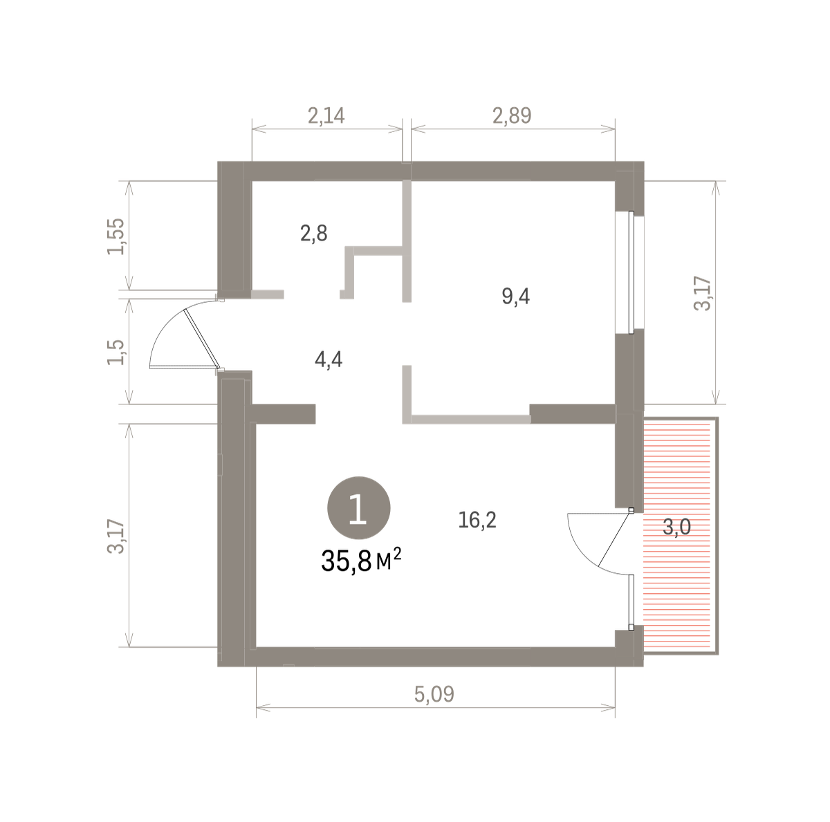 1 комн. Квартира 35.8 кв. м