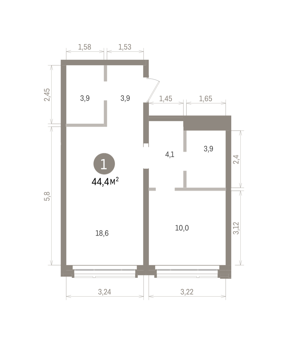 1 комн. Квартира 44.4 кв. м