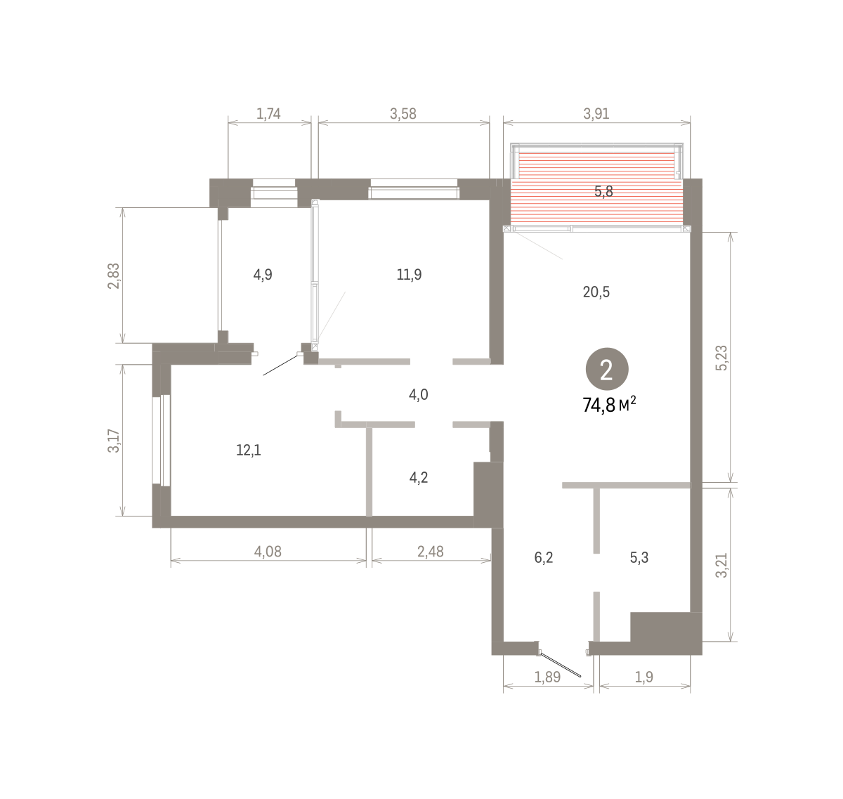 2 комн. Квартира 74.8 кв. м