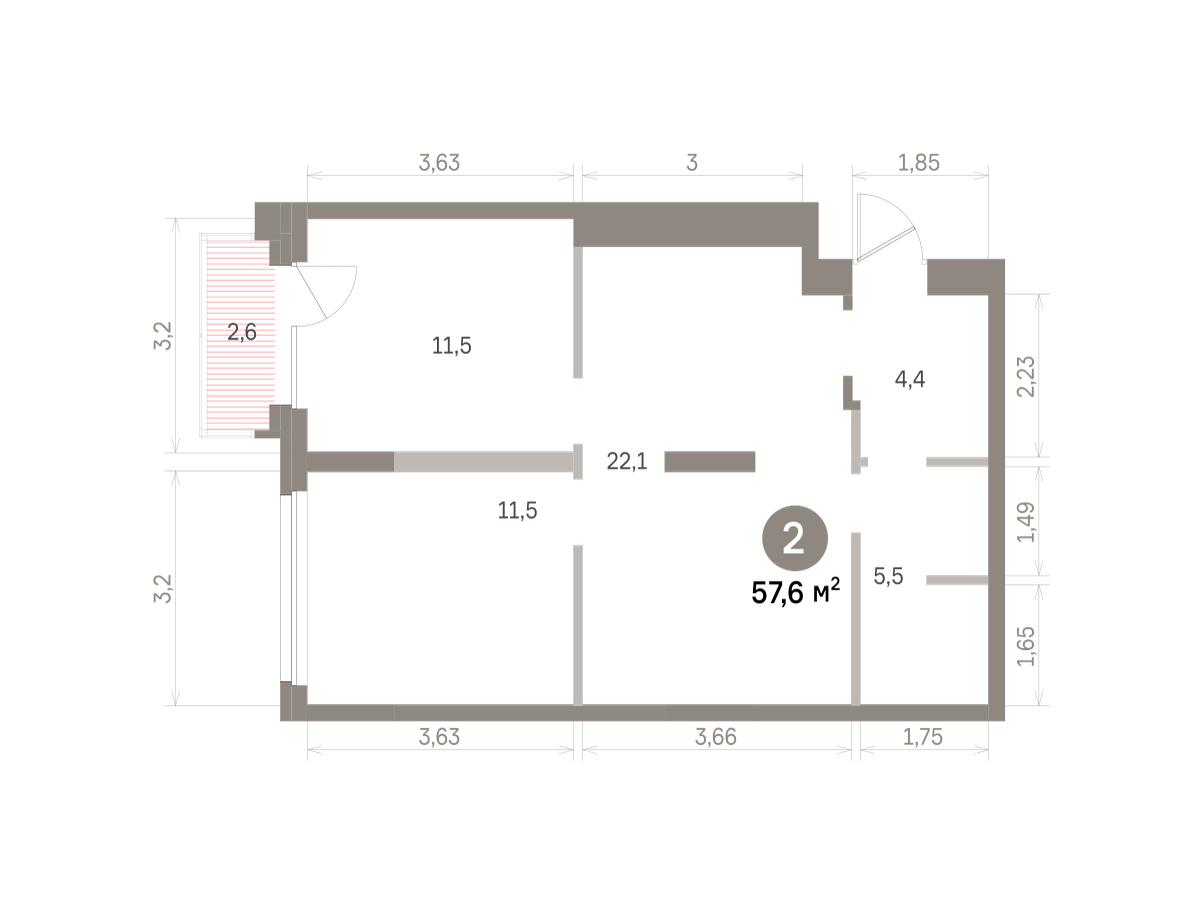 2 комн. Квартира 57.6 кв. м