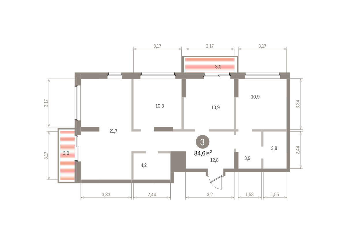 3 комн. Квартира 84.6 кв. м
