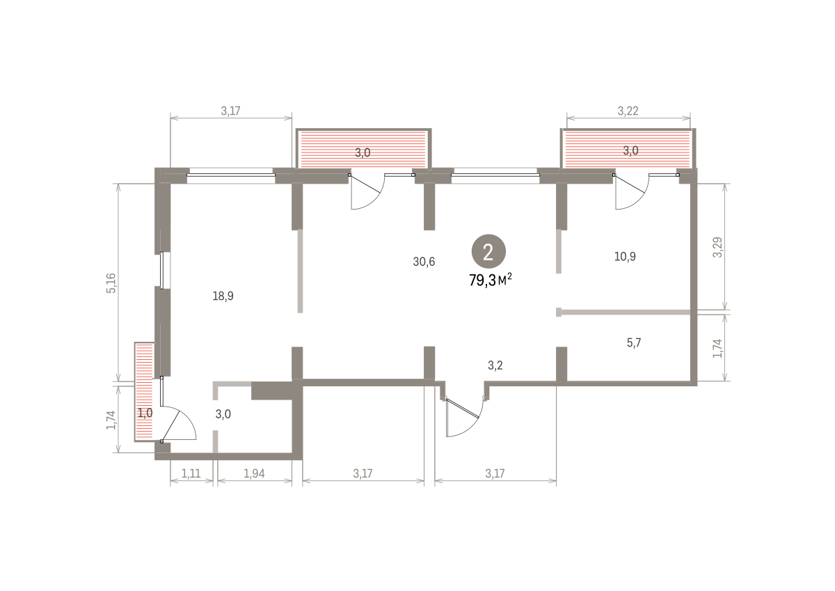 2 комн. Квартира 79.3 кв. м