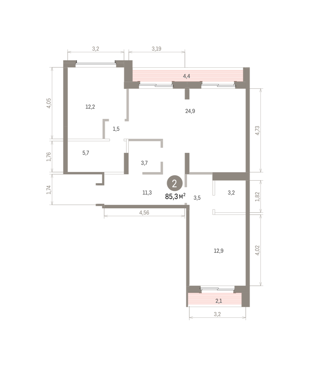 2 комн. Квартира 85.3 кв. м