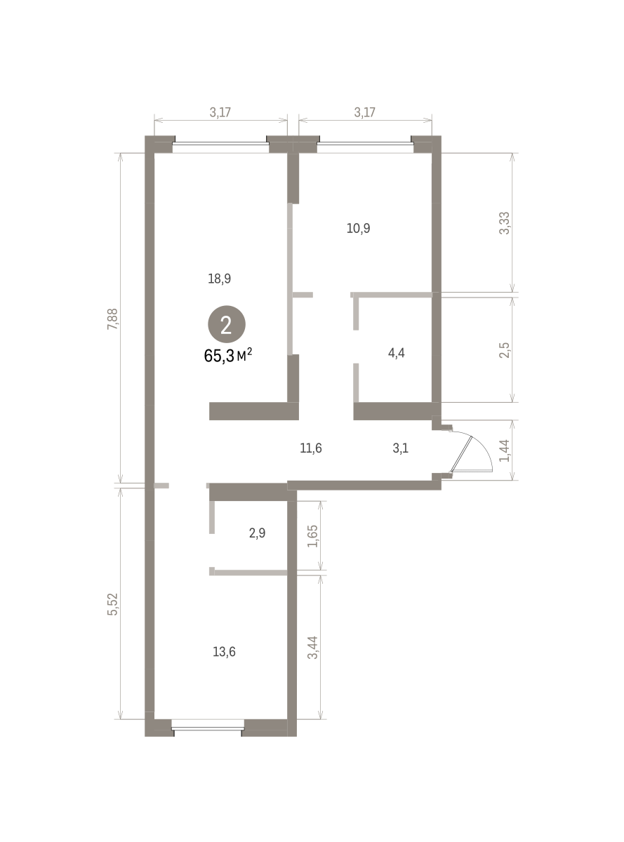 2 комн. Квартира 65.3 кв. м