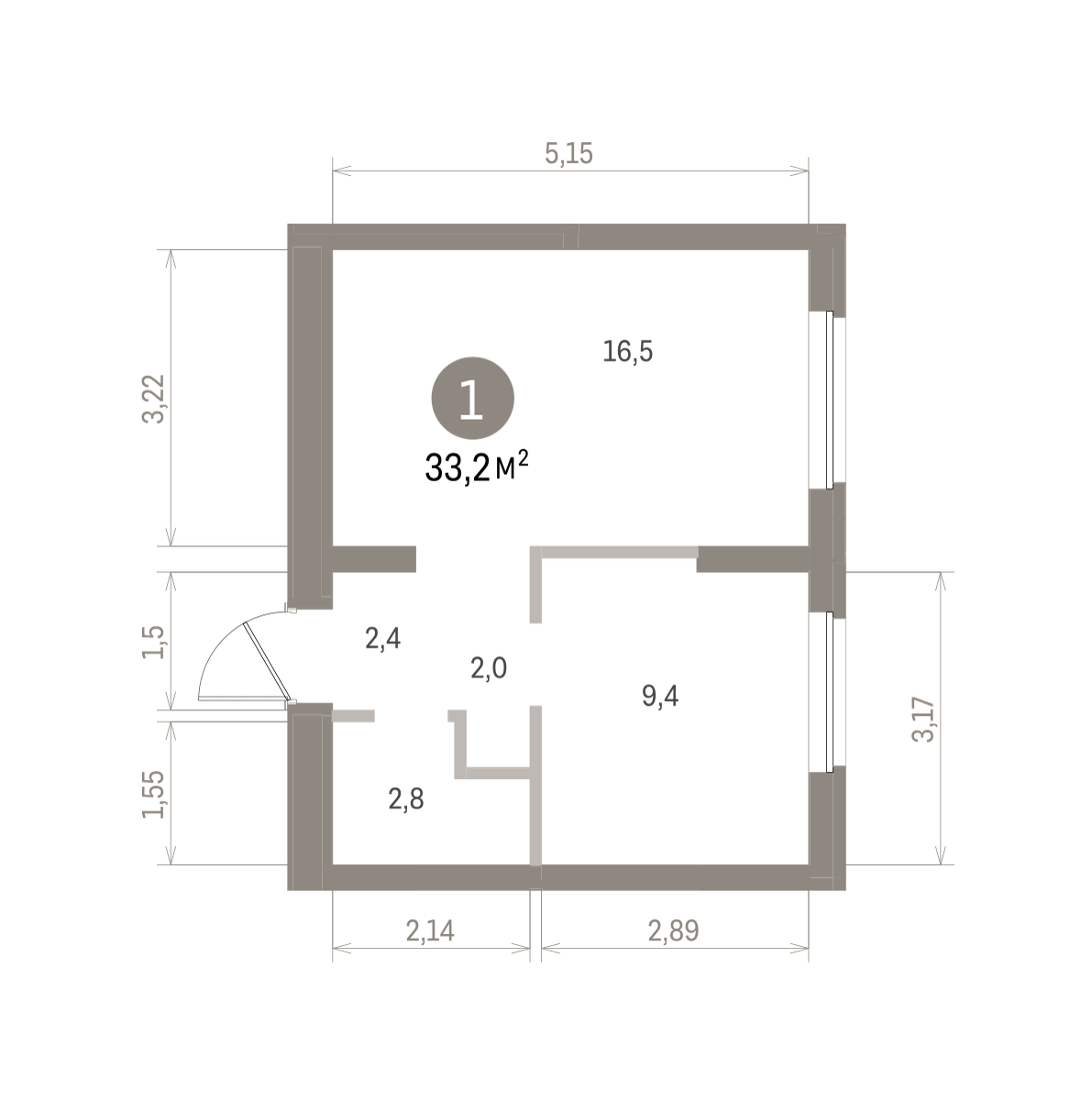 1 комн. Квартира 33.2 кв. м