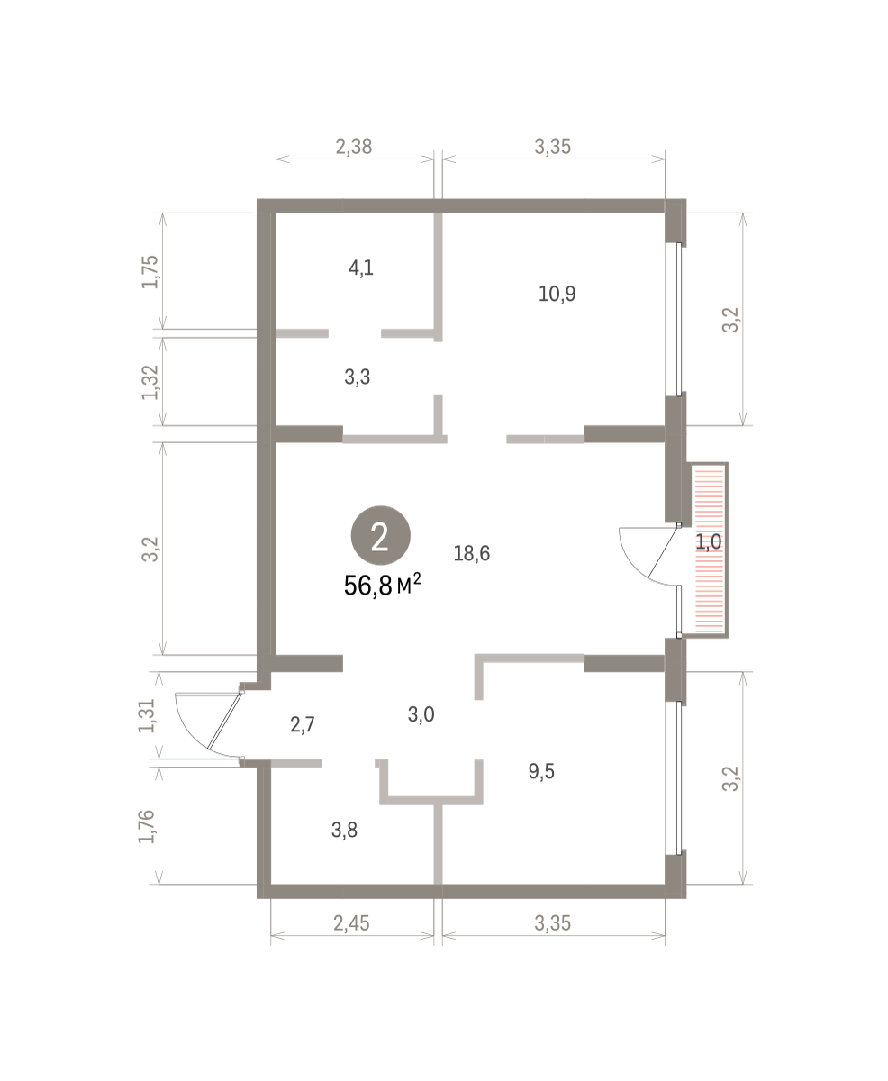 2 комн. Квартира 56.8 кв. м