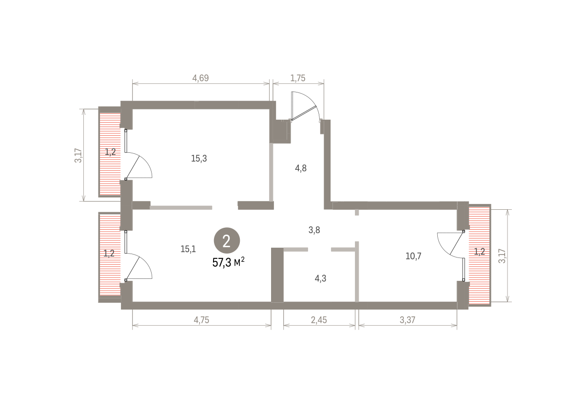 2 комн. Квартира 57.3 кв. м