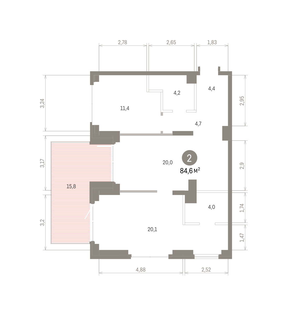 2 комн. Квартира 84.6 кв. м