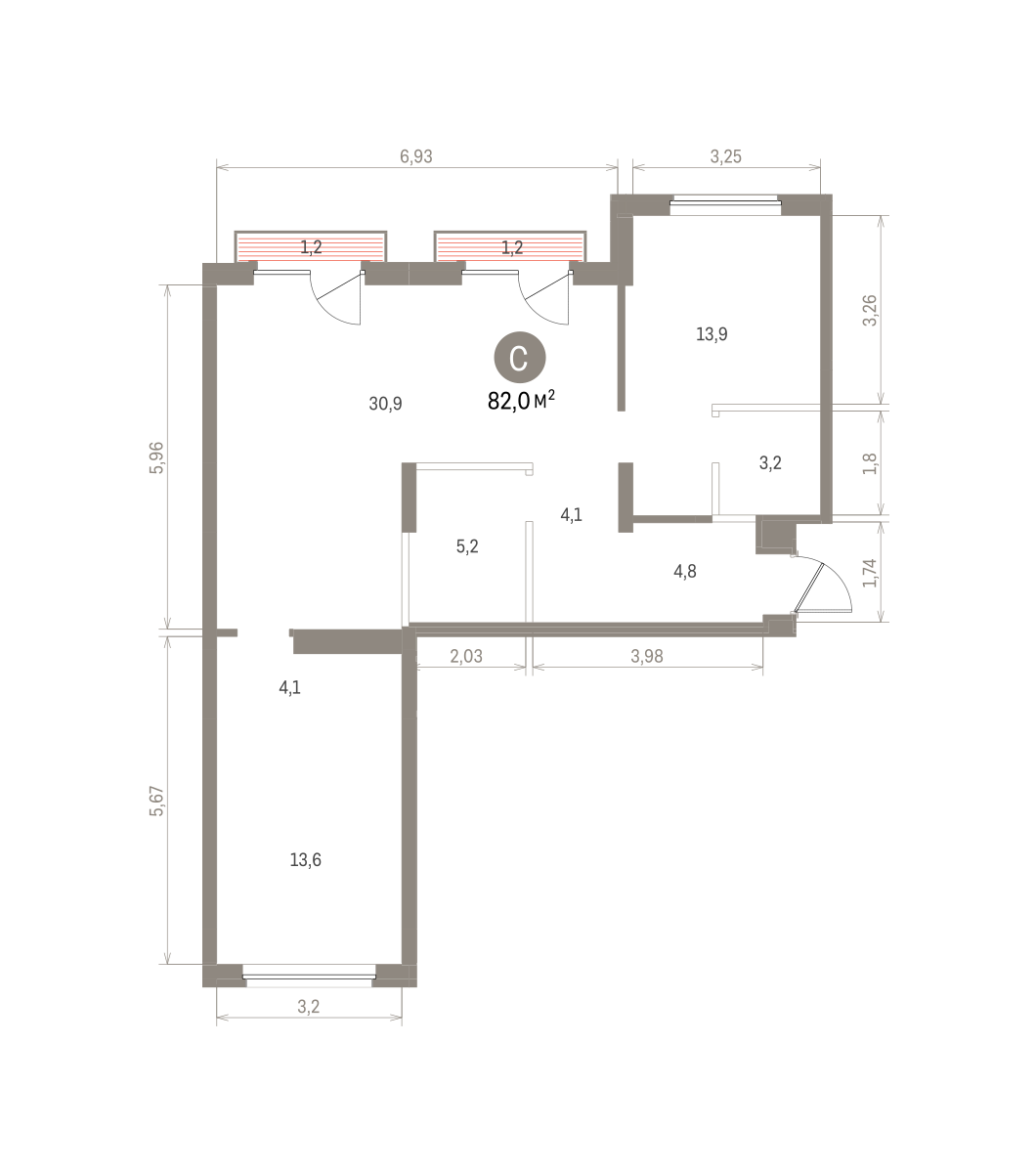 2 комн. Квартира 82 кв. м