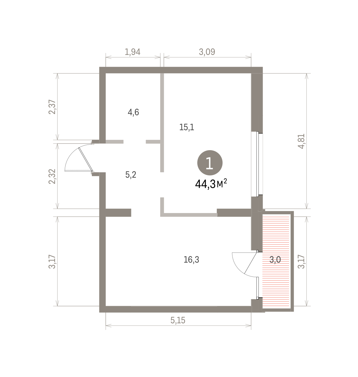 1 комн. Квартира 44.3 кв. м