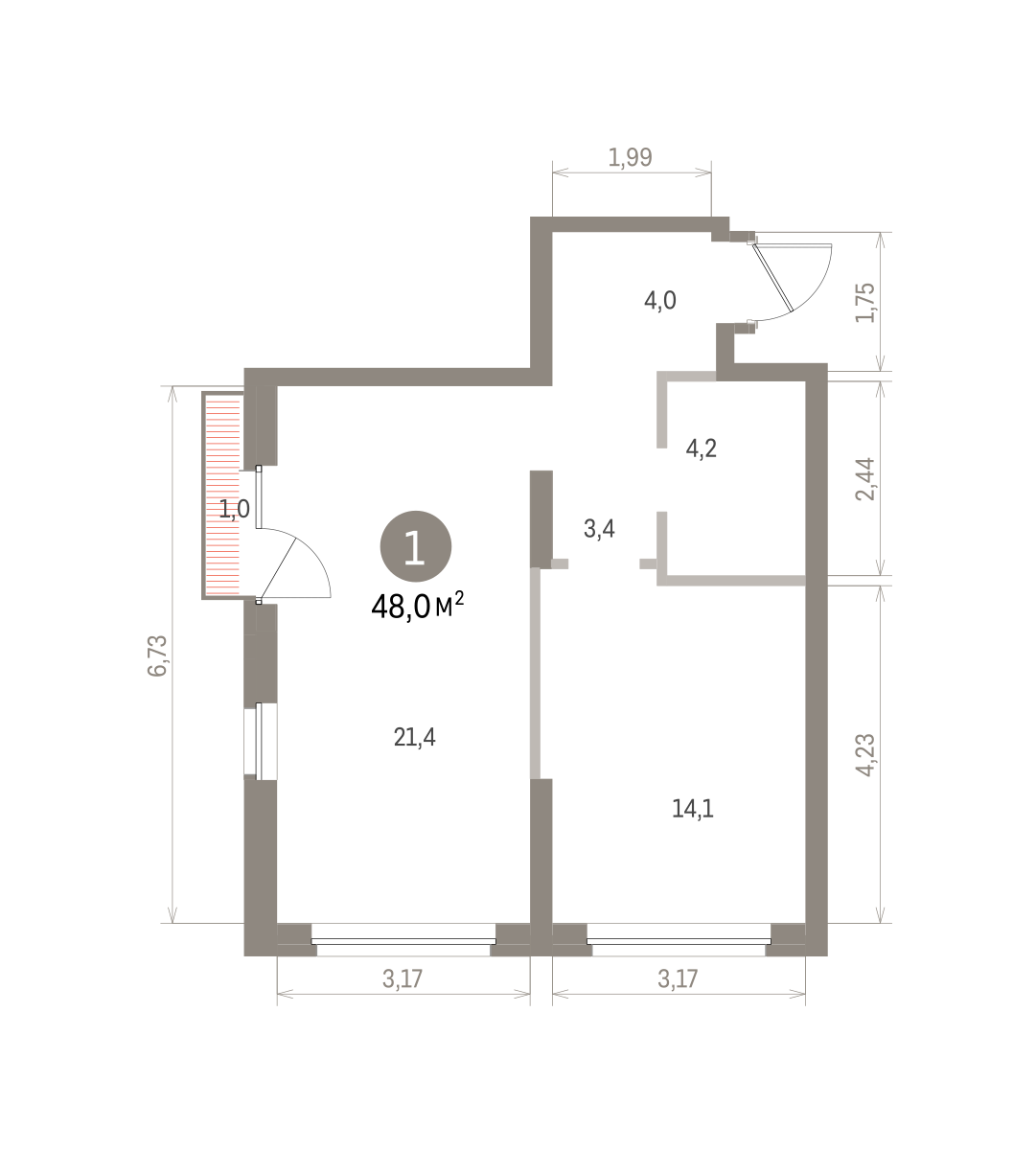 1 комн. Квартира 48 кв. м