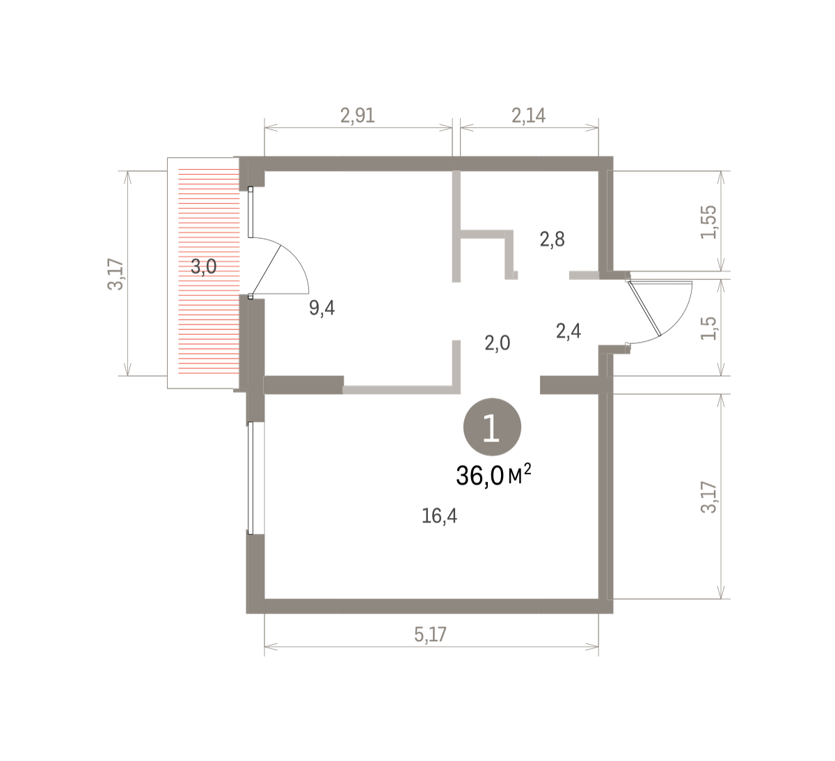1 комн. Квартира 36 кв. м