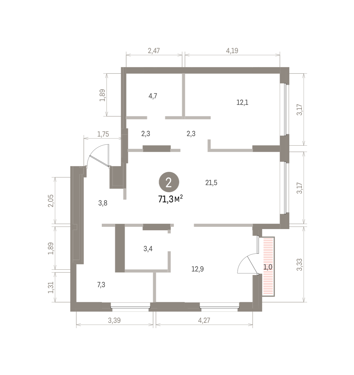 2 комн. Квартира 71.3 кв. м