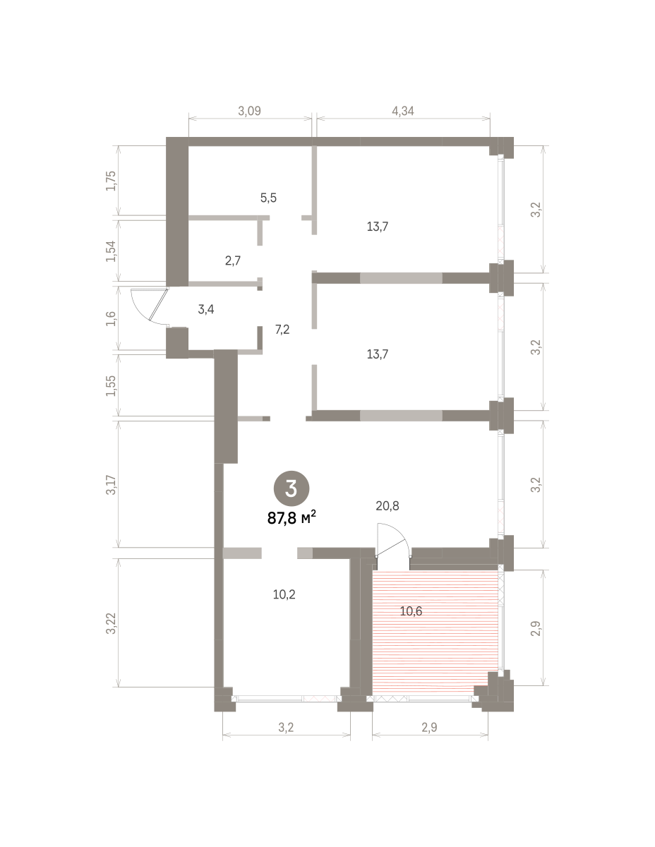 3 комн. Квартира 87.8 кв. м