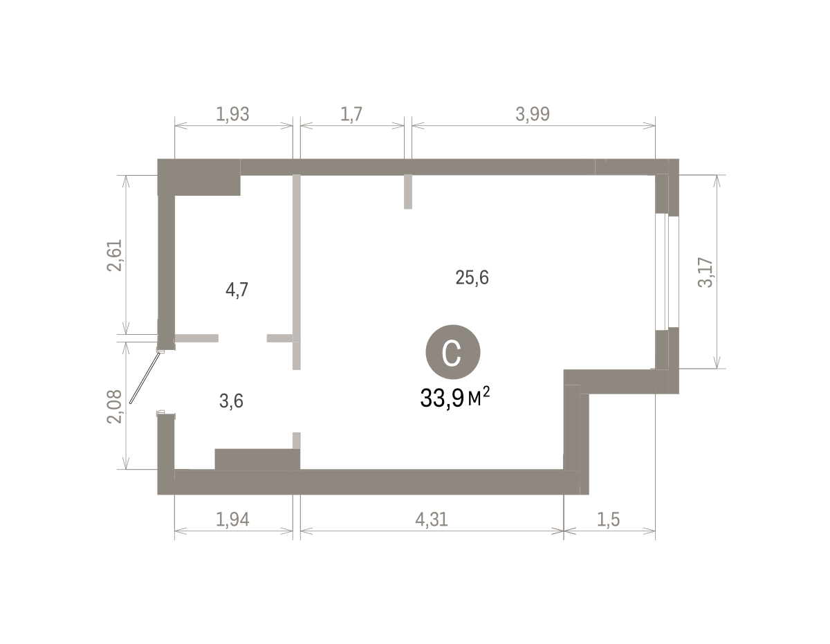 Квартира 33.4 кв. м