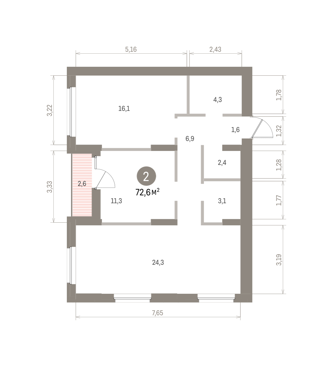 2 комн. Квартира 72.6 кв. м