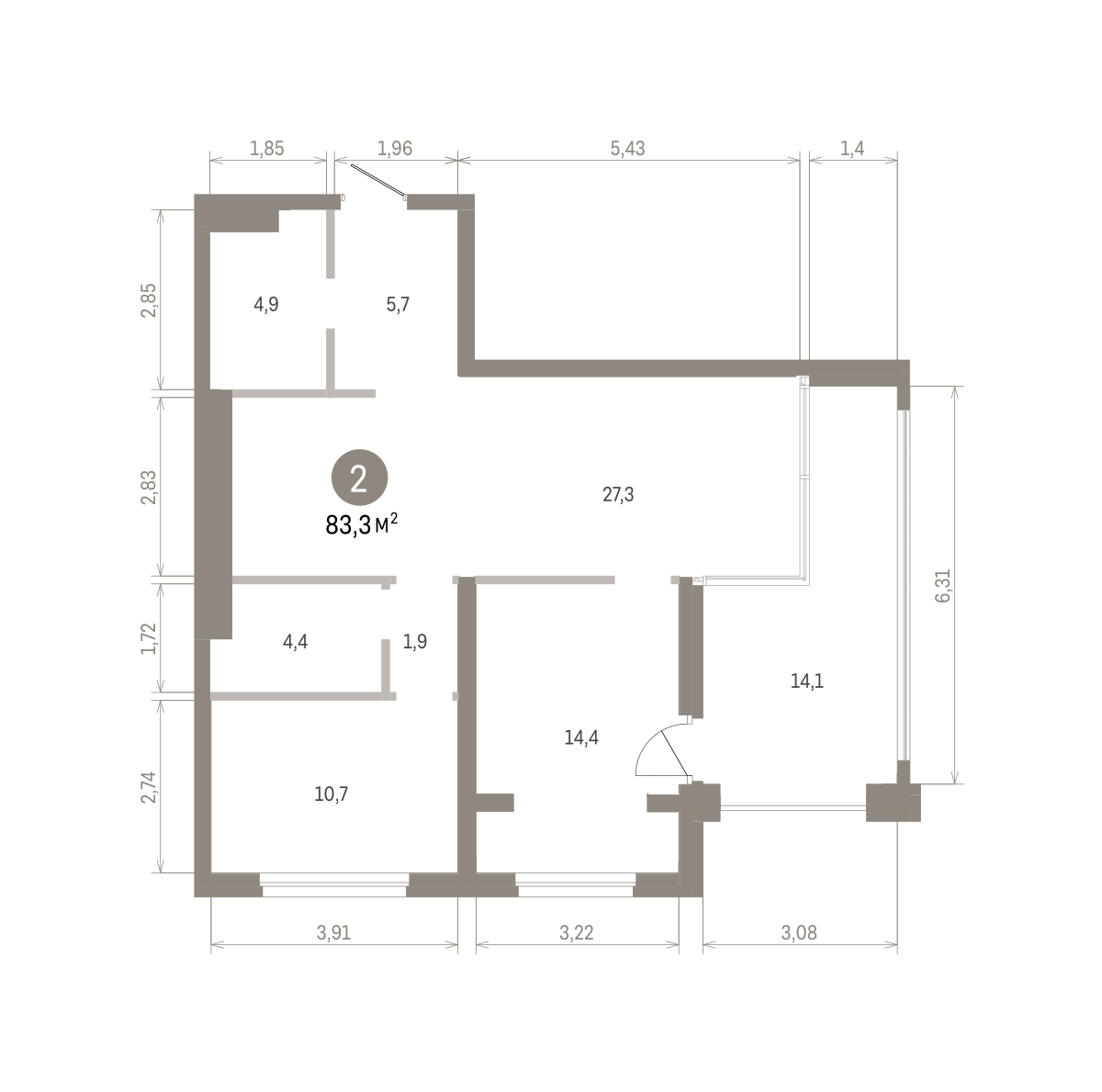 2 комн. Квартира 83.3 кв. м