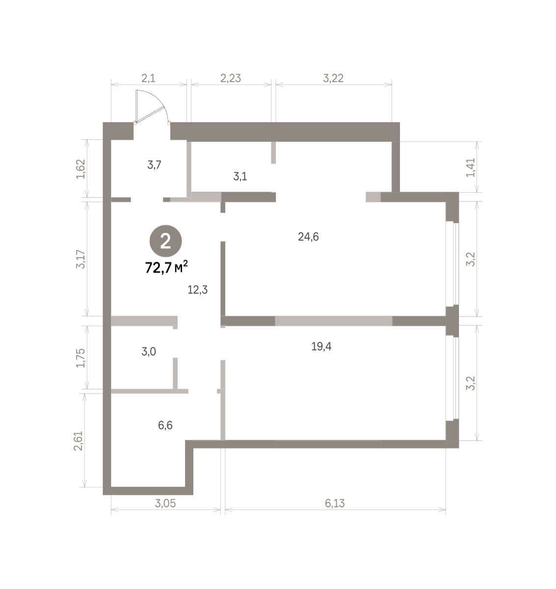2 комн. Квартира 72.7 кв. м