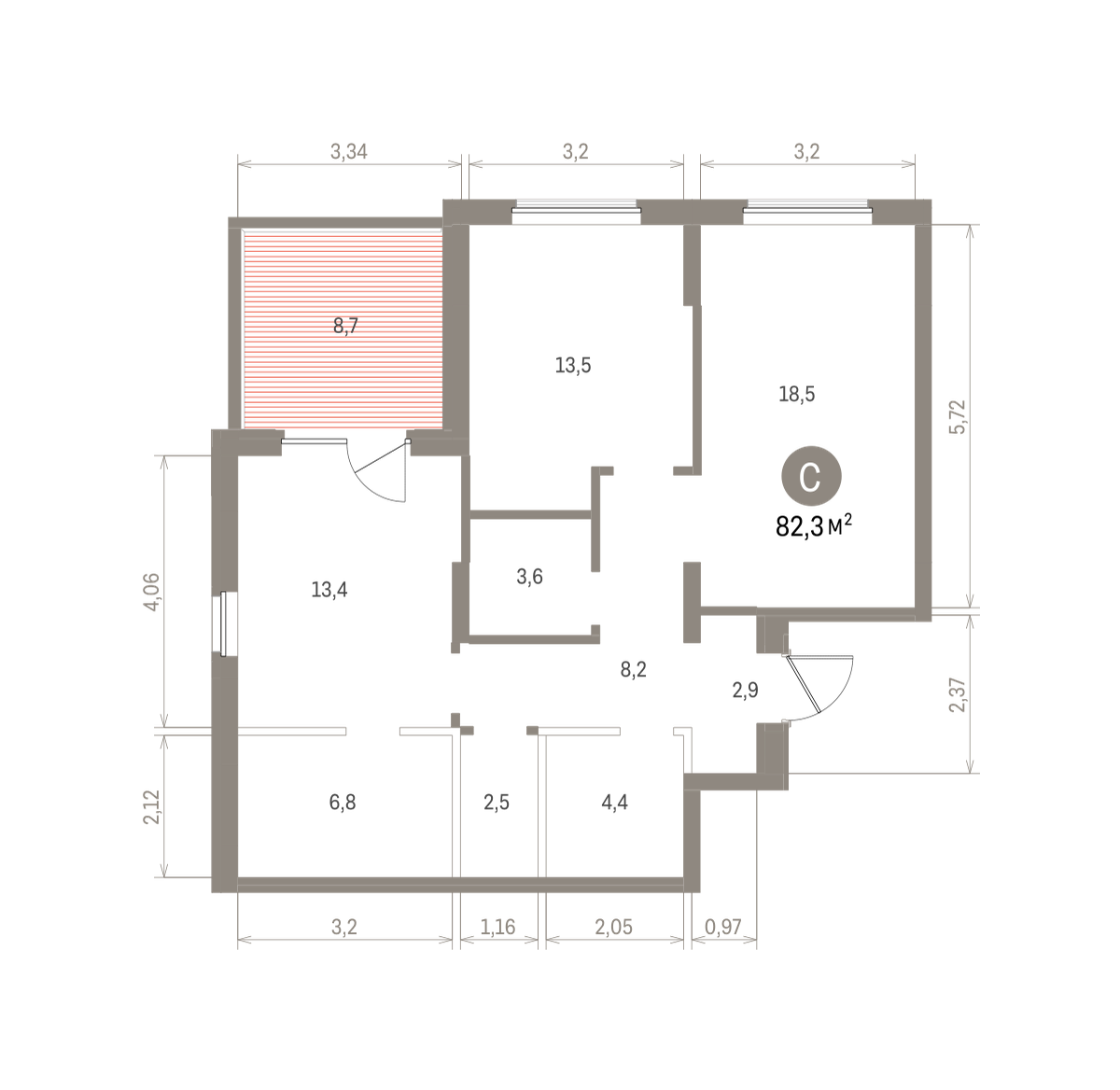 2 комн. Квартира 82.3 кв. м
