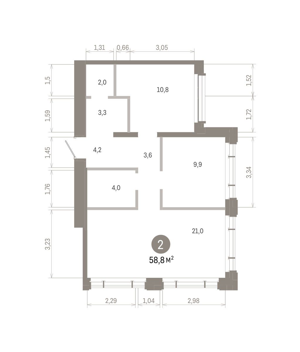 2 комн. Квартира 58.8 кв. м