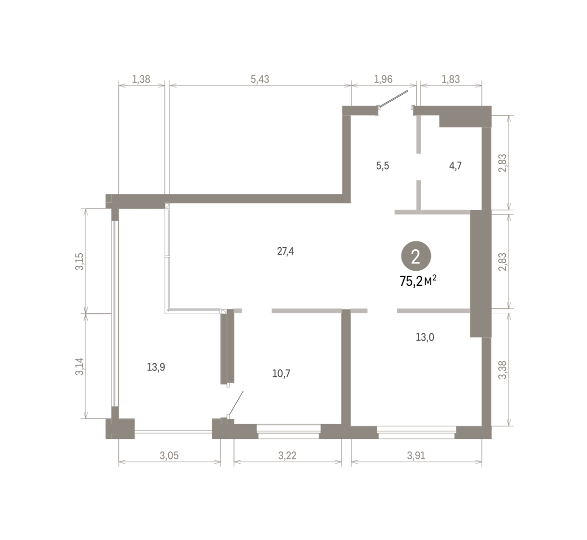 2 комн. Квартира 75.2 кв. м