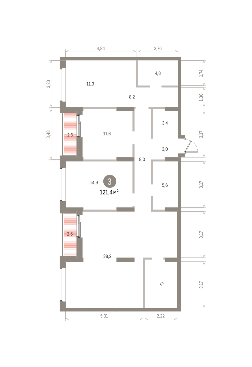 3 комн. Квартира 121.4 кв. м