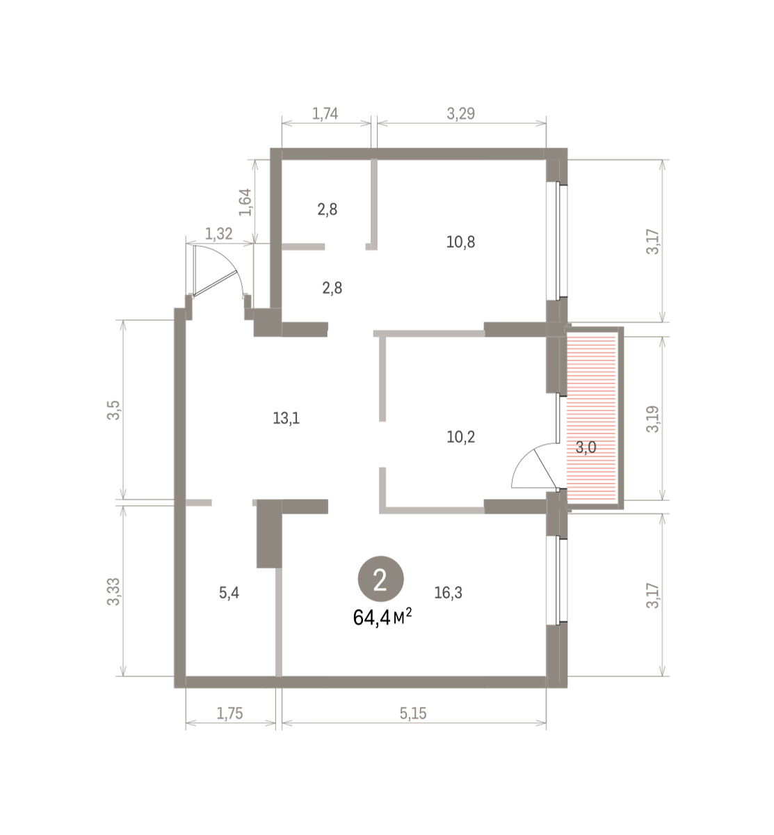 2 комн. Квартира 64.4 кв. м