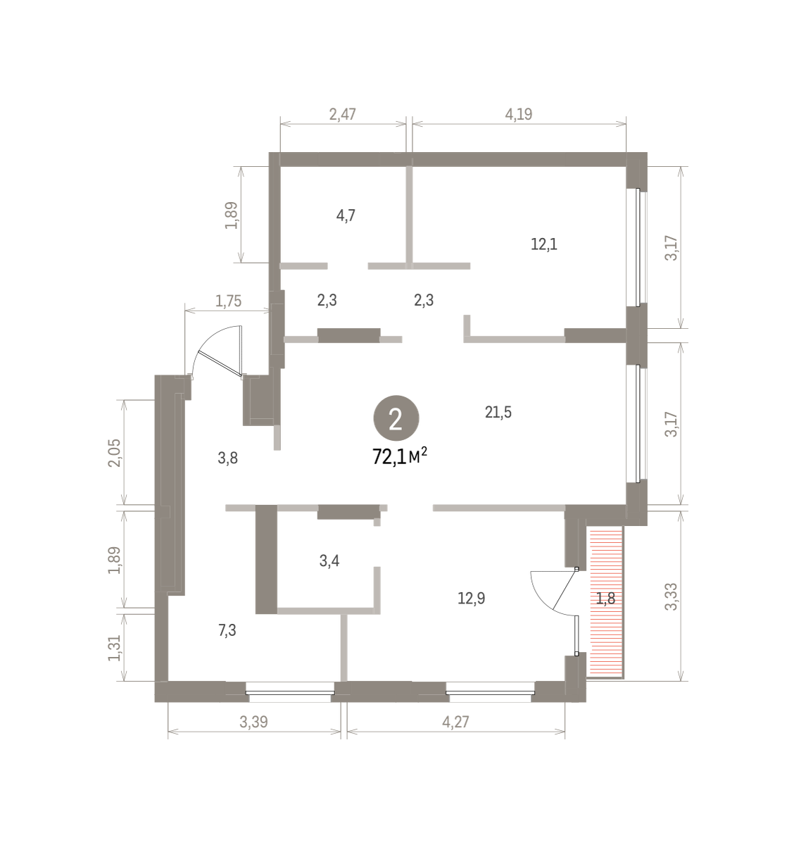2 комн. Квартира 72.1 кв. м