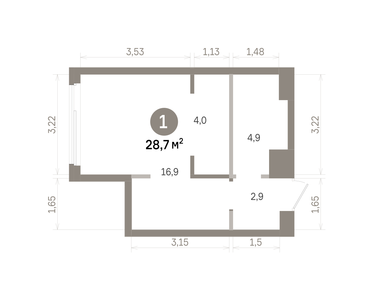 1 комн. Квартира 28.7 кв. м