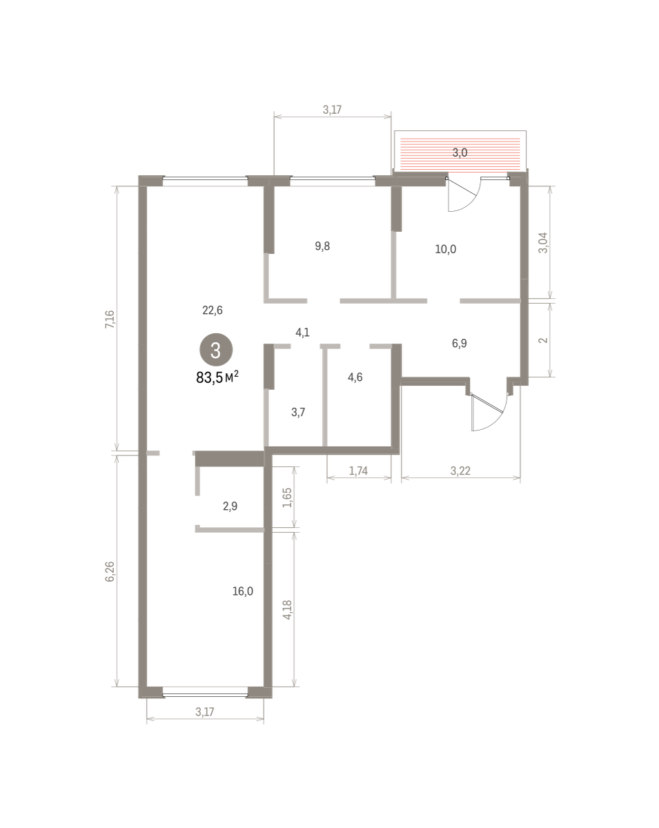 3 комн. Квартира 83.5 кв. м