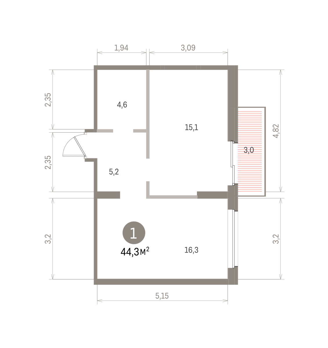 1 комн. Квартира 44.3 кв. м