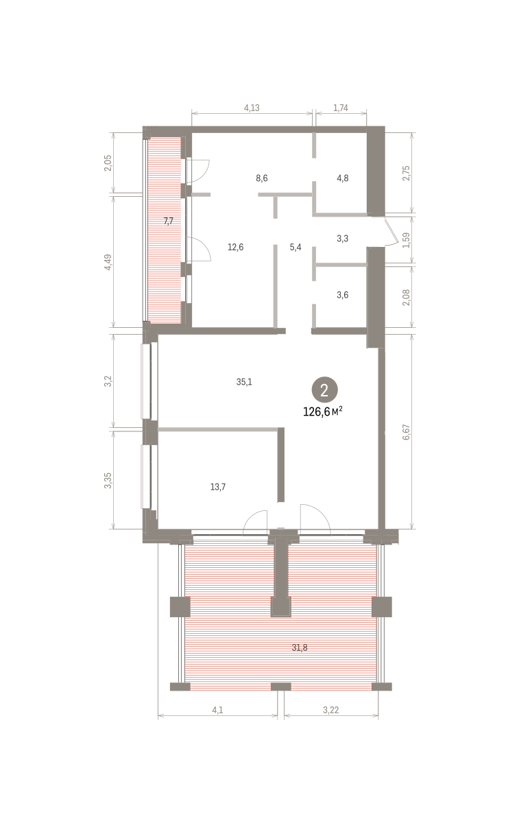 2 комн. Квартира 126.6 кв. м