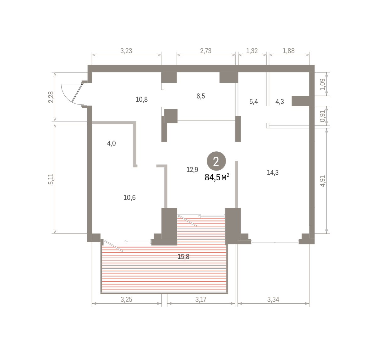 2 комн. Квартира 84.5 кв. м