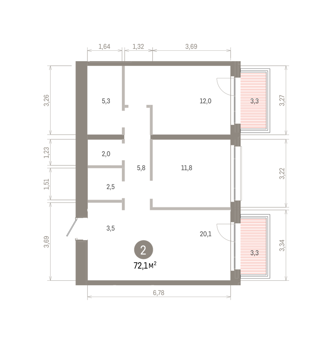2 комн. Квартира 72.1 кв. м