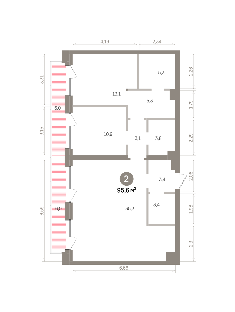 2 комн. Квартира 95.6 кв. м