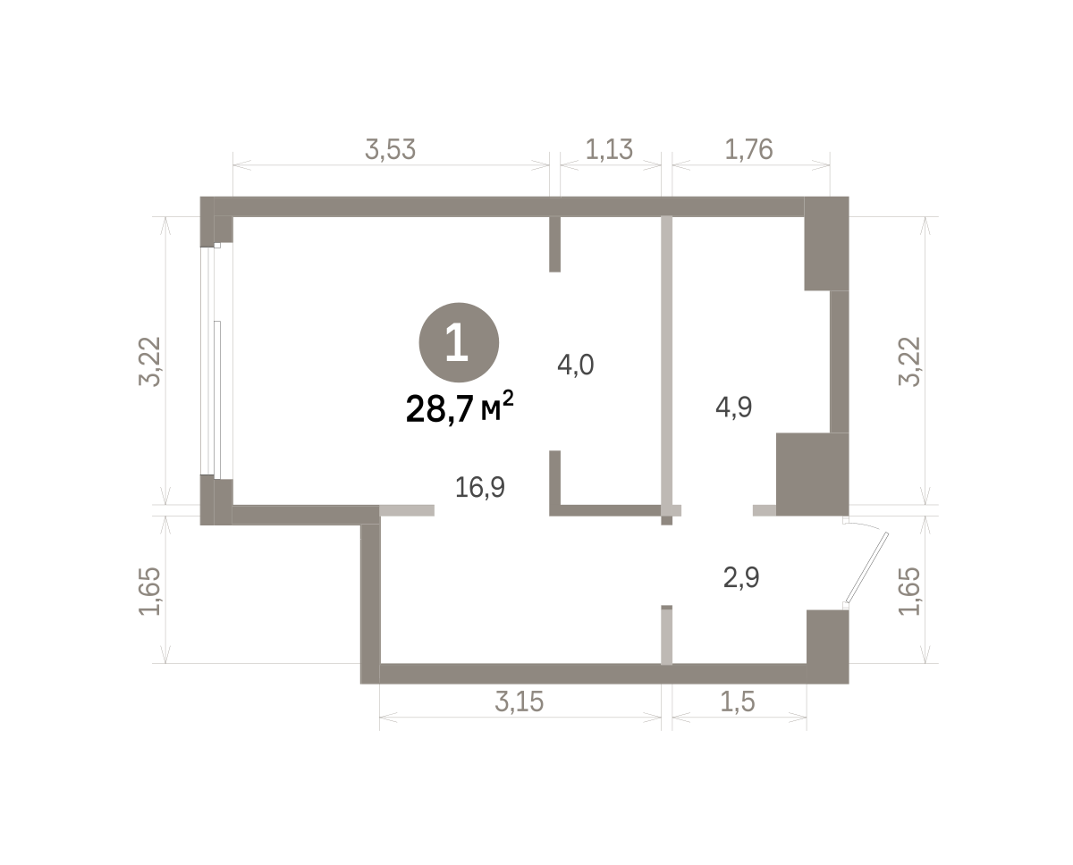 1 комн. Квартира 28.7 кв. м