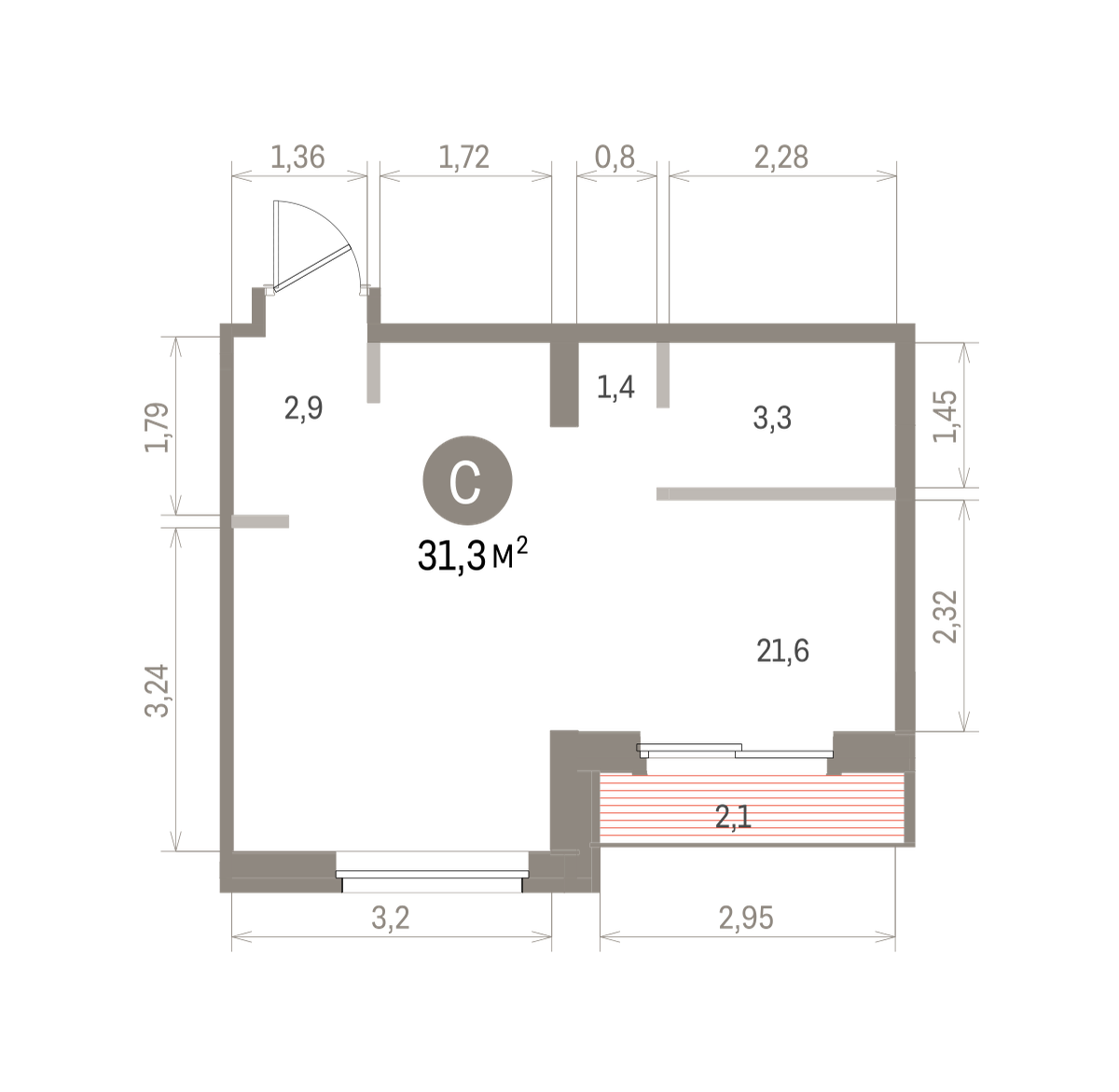 Квартира 31.3 кв. м