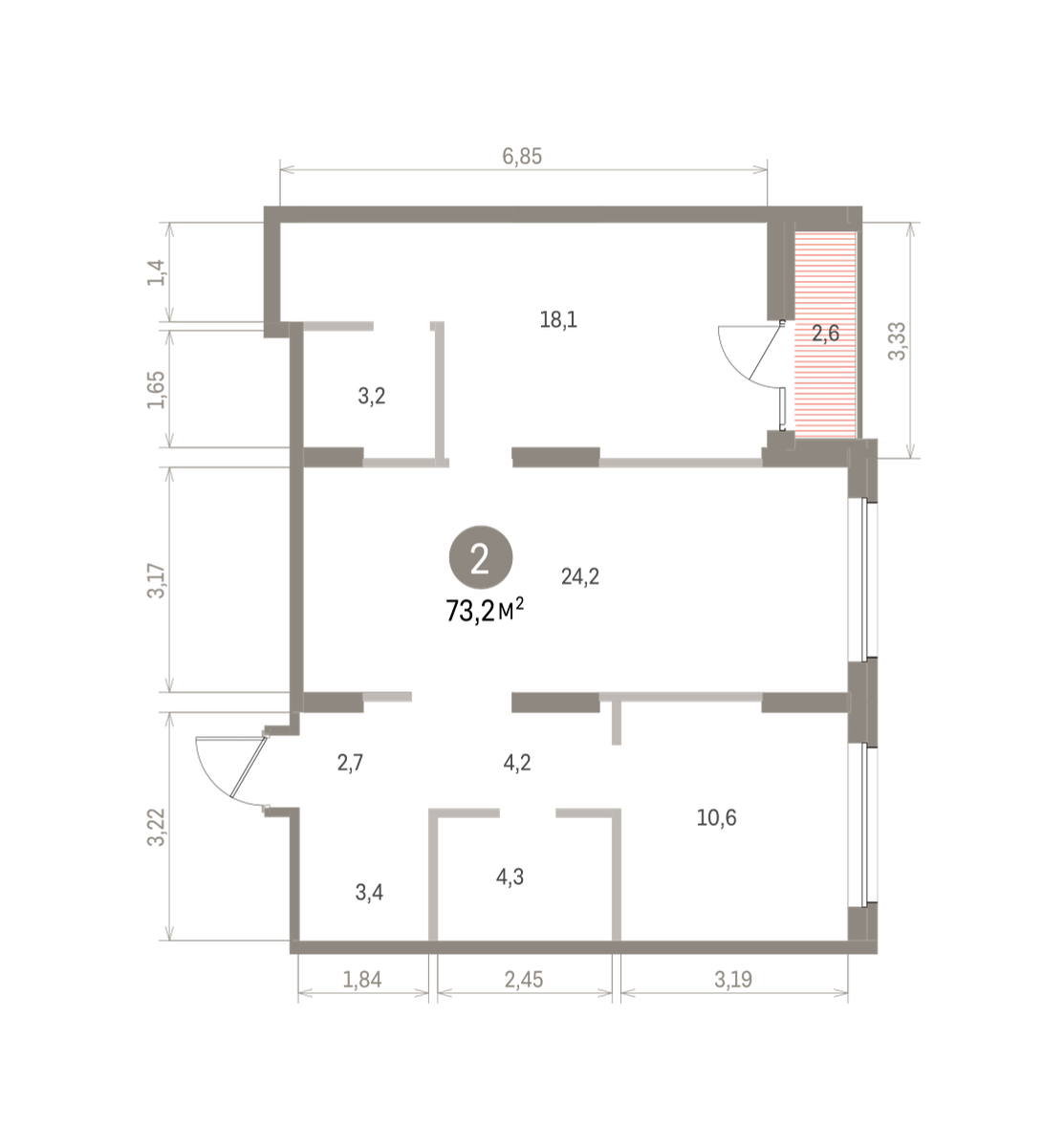 2 комн. Квартира 73.2 кв. м