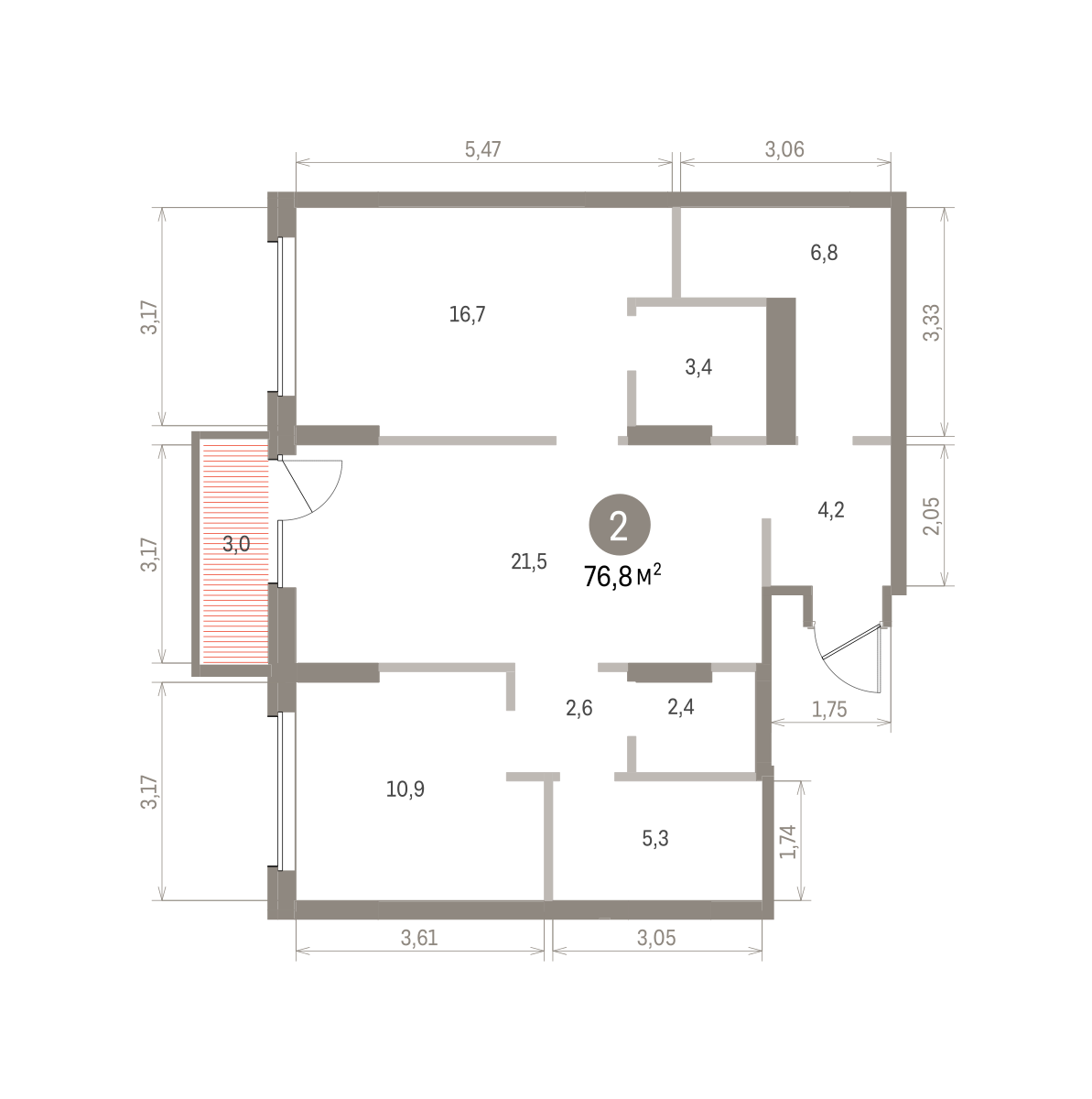 2 комн. Квартира 76.8 кв. м