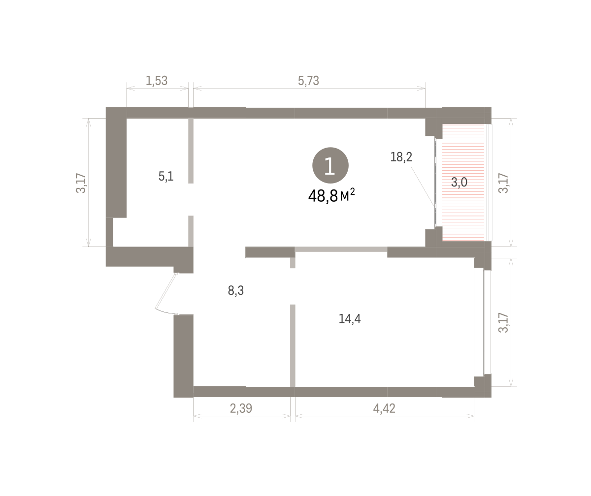 1-комнатная квартира, 48.83 кв.м, Кварталы Драверта, изображение-2