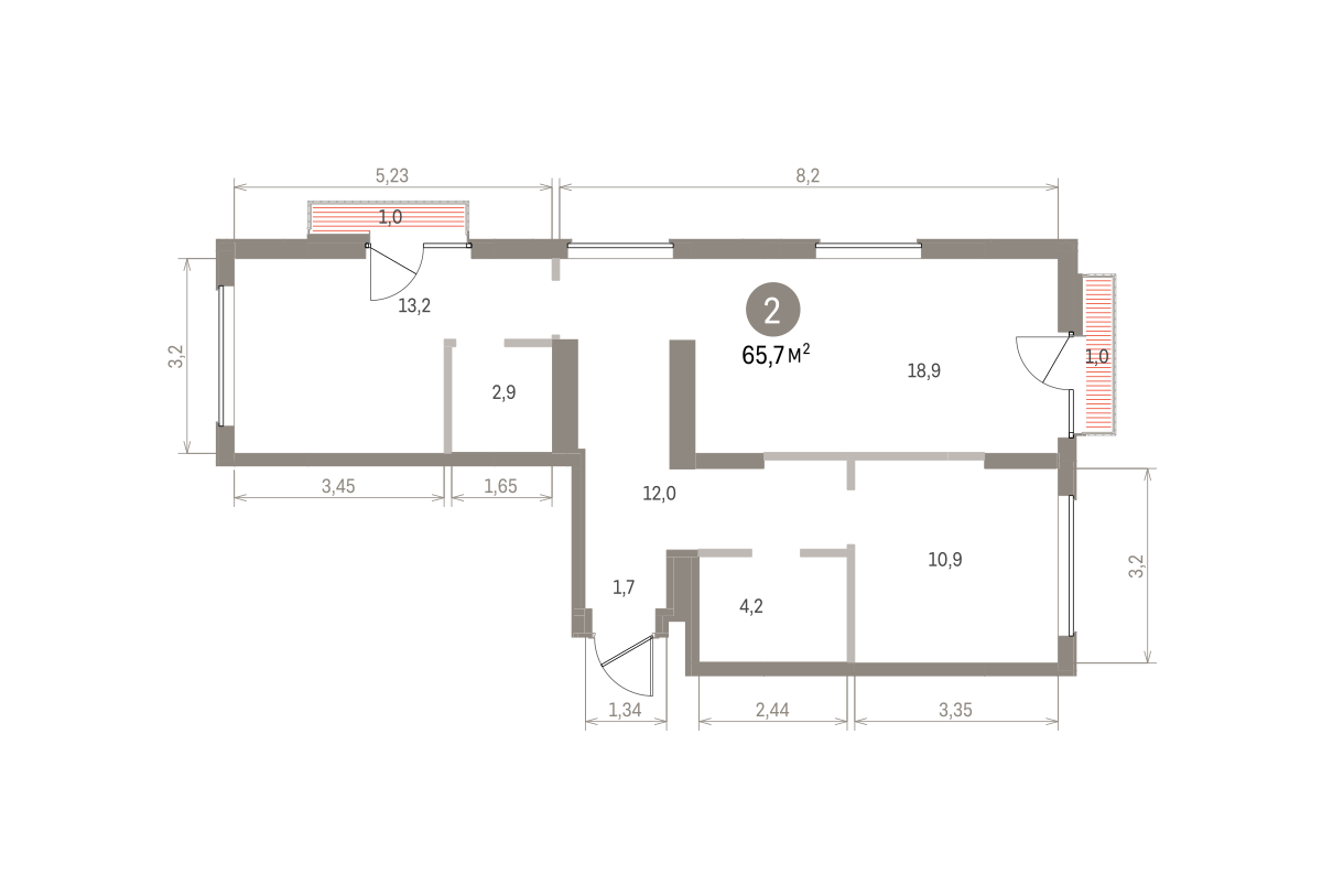 2 комн. Квартира 65.7 кв. м