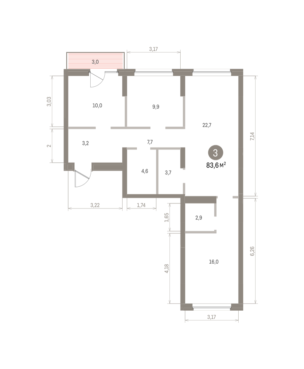 3 комн. Квартира 83.6 кв. м